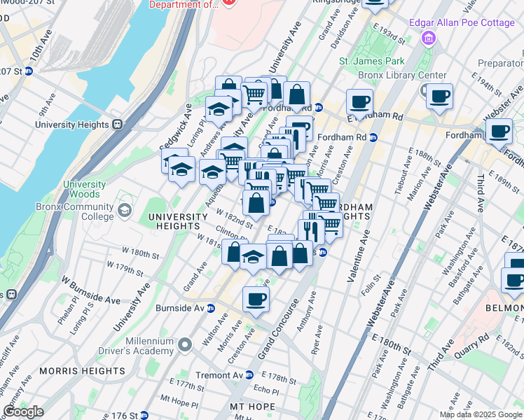 map of restaurants, bars, coffee shops, grocery stores, and more near in The Bronx