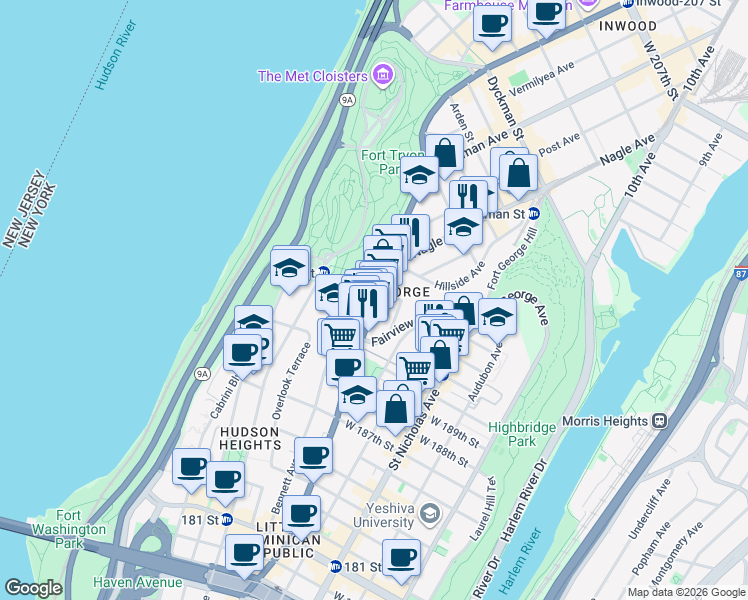 map of restaurants, bars, coffee shops, grocery stores, and more near in New York
