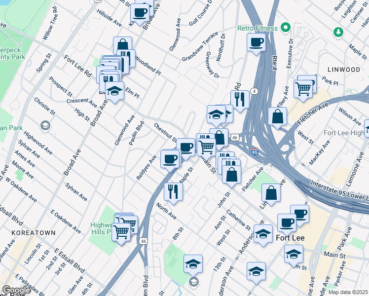 map of restaurants, bars, coffee shops, grocery stores, and more near 466 Fort Lee Road in Leonia