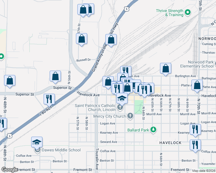 map of restaurants, bars, coffee shops, grocery stores, and more near 25 North 60th Street in Lincoln