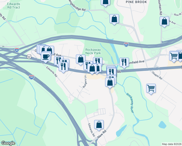 map of restaurants, bars, coffee shops, grocery stores, and more near 111 U.S. 46 in Parsippany-Troy Hills