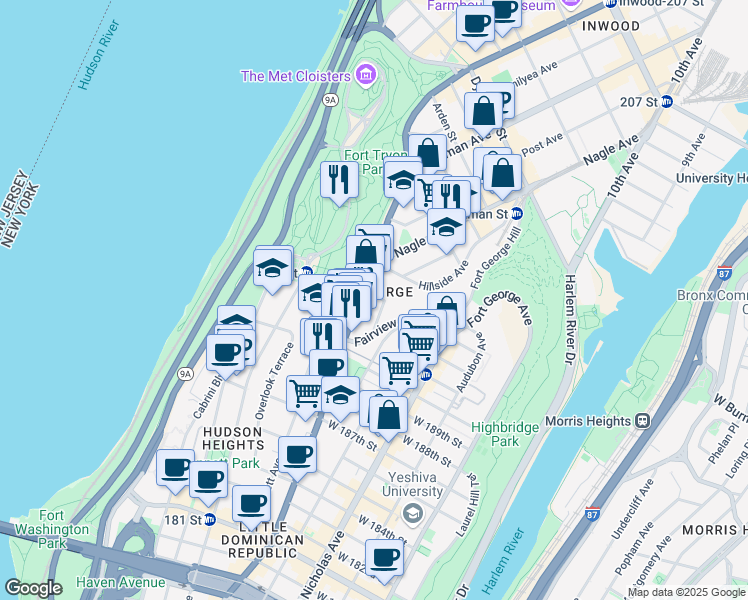 map of restaurants, bars, coffee shops, grocery stores, and more near 680 West 193rd Street in New York