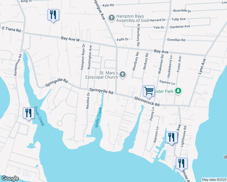 map of restaurants, bars, coffee shops, grocery stores, and more near 172 Ponquogue Avenue in Hampton Bays