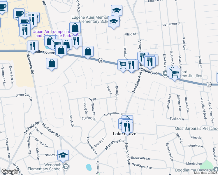 map of restaurants, bars, coffee shops, grocery stores, and more near 58 Brandy Lane in Lake Grove