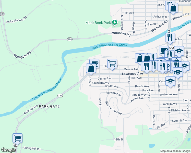 map of restaurants, bars, coffee shops, grocery stores, and more near 1210 Lawrence Avenue in Ellwood City