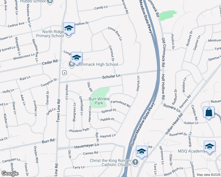 map of restaurants, bars, coffee shops, grocery stores, and more near 86 Harvest Lane in Commack