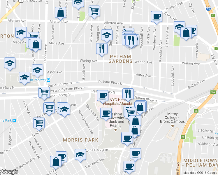 map of restaurants, bars, coffee shops, grocery stores, and more near Bronx and Pelham Parkway in Bronx
