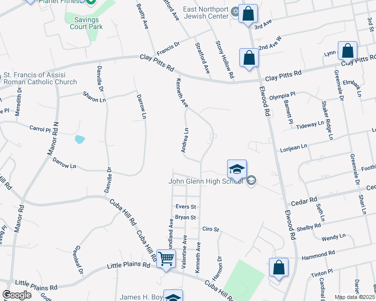 map of restaurants, bars, coffee shops, grocery stores, and more near 6 Andrea Lane in Greenlawn