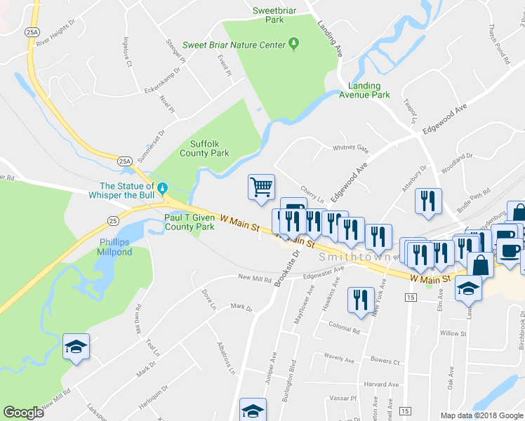 map of restaurants, bars, coffee shops, grocery stores, and more near 291 West Main Street in Smithtown