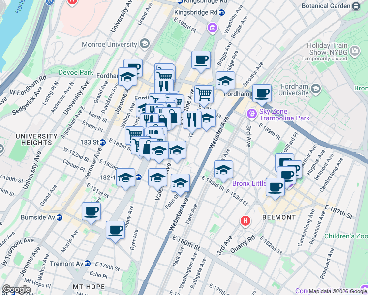 map of restaurants, bars, coffee shops, grocery stores, and more near 2355 Tiebout Avenue in The Bronx