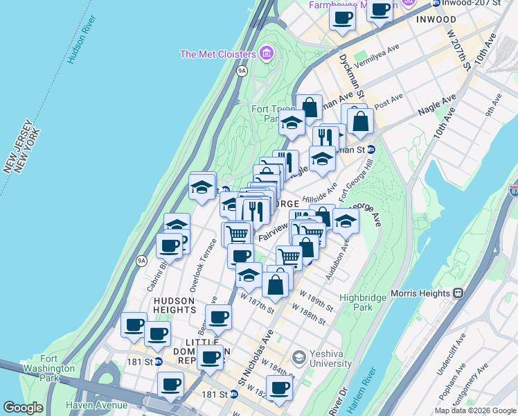 map of restaurants, bars, coffee shops, grocery stores, and more near in New York