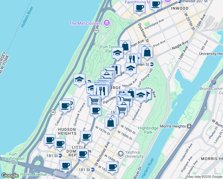 map of restaurants, bars, coffee shops, grocery stores, and more near 668 West 193rd Street in New York