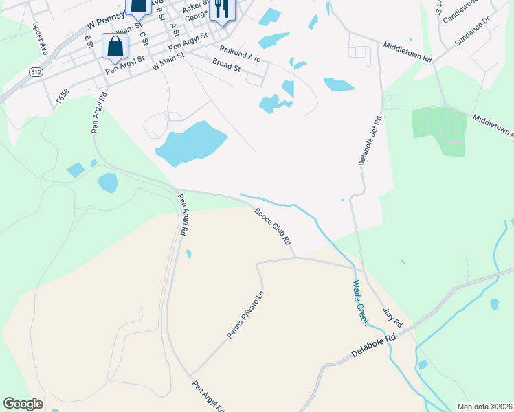 map of restaurants, bars, coffee shops, grocery stores, and more near 986 Bocce Club Road in Pen Argyl
