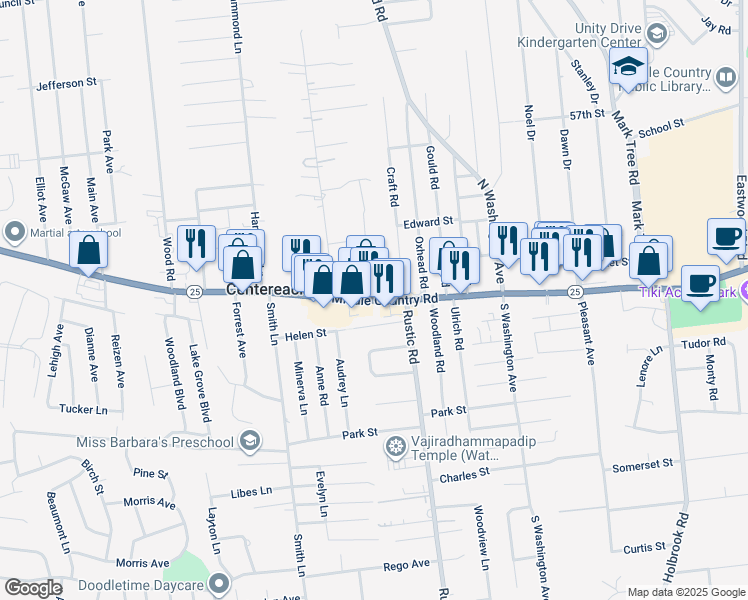 map of restaurants, bars, coffee shops, grocery stores, and more near 2355 Middle Country Road in Centereach