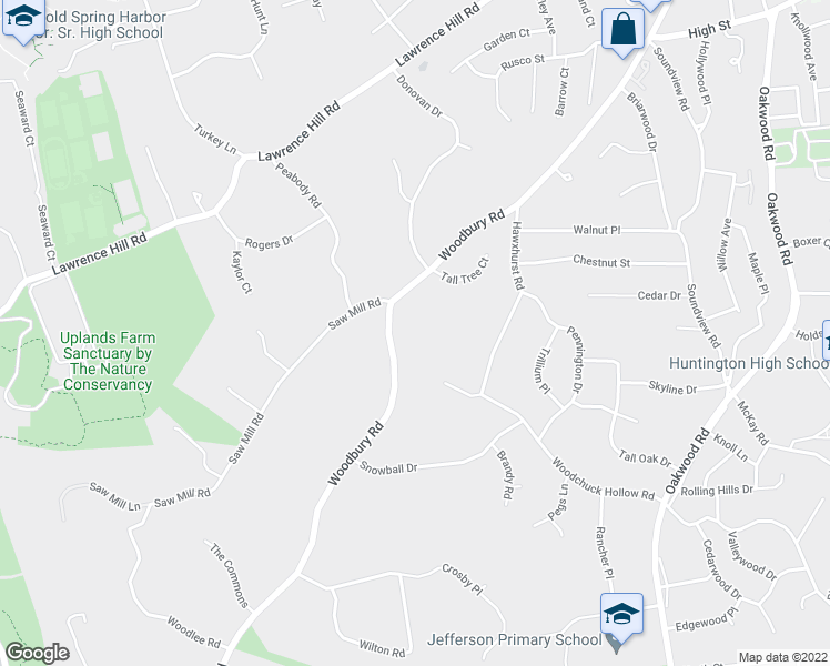 map of restaurants, bars, coffee shops, grocery stores, and more near 338 Woodbury Road in Cold Spring Harbor
