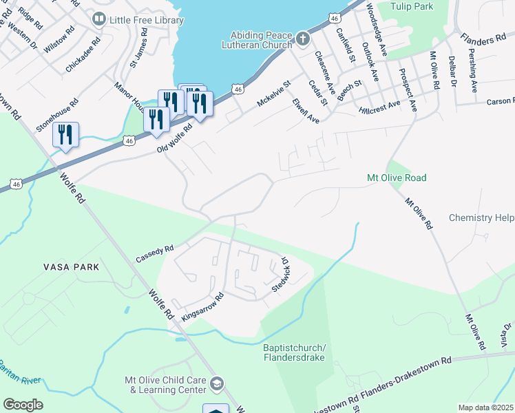 map of restaurants, bars, coffee shops, grocery stores, and more near 16 Cassedy Road in Mount Olive Township