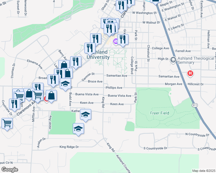 map of restaurants, bars, coffee shops, grocery stores, and more near 518 Phillips Avenue in Ashland