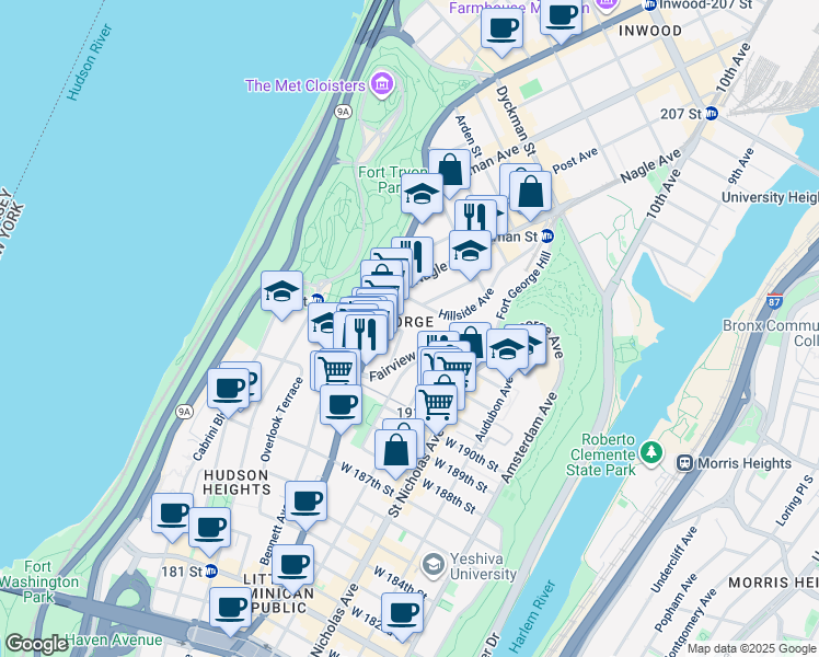 map of restaurants, bars, coffee shops, grocery stores, and more near 11 Hillside Avenue in New York