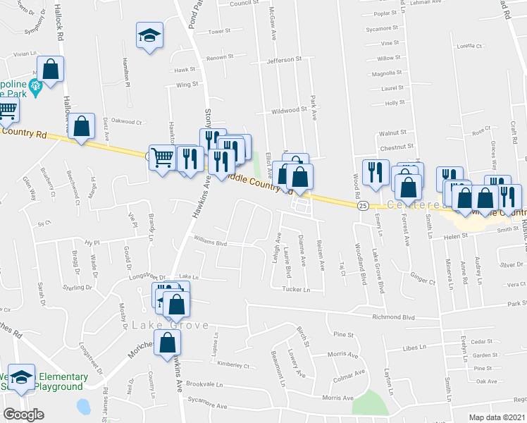 map of restaurants, bars, coffee shops, grocery stores, and more near 26 Williams Boulevard in Lake Grove