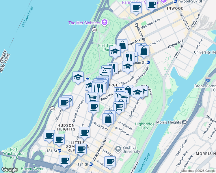 map of restaurants, bars, coffee shops, grocery stores, and more near 672 West 193rd Street in New York