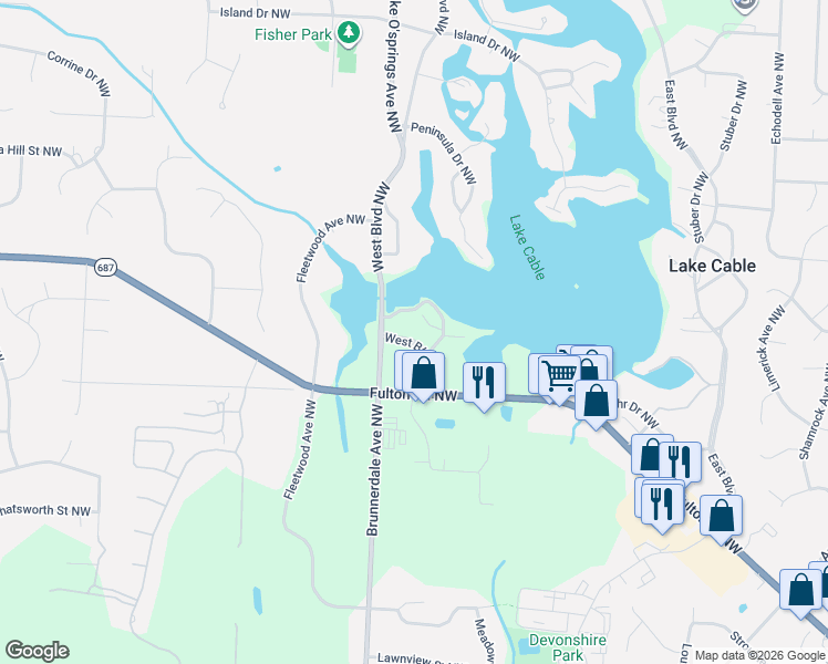 map of restaurants, bars, coffee shops, grocery stores, and more near 5965 Westshore Drive Northwest in Canton