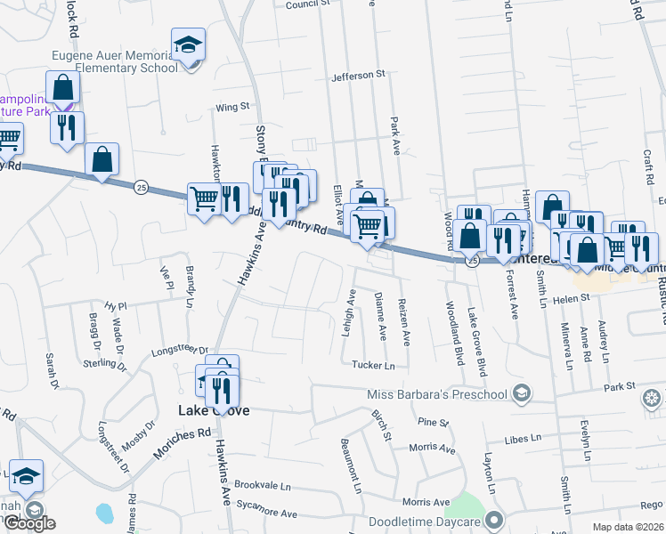 map of restaurants, bars, coffee shops, grocery stores, and more near 26 Williams Boulevard in Lake Grove