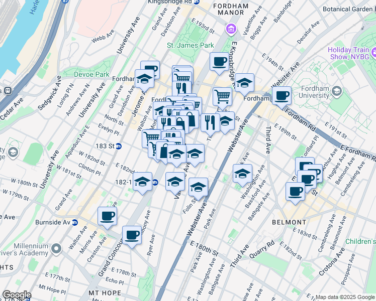 map of restaurants, bars, coffee shops, grocery stores, and more near in The Bronx