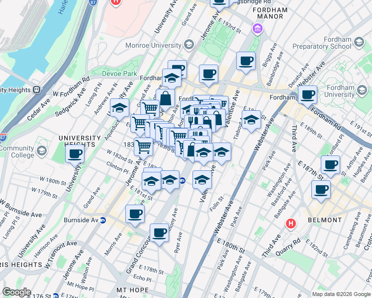 map of restaurants, bars, coffee shops, grocery stores, and more near 2316 Creston Avenue in Bronx