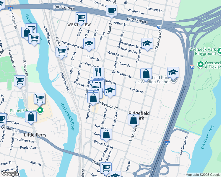 map of restaurants, bars, coffee shops, grocery stores, and more near 126 Bergen Avenue in Ridgefield Park