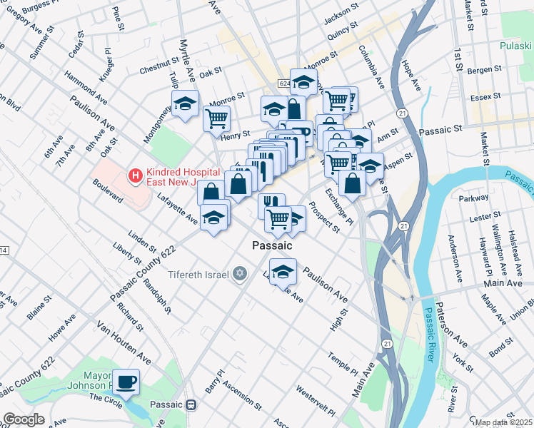 map of restaurants, bars, coffee shops, grocery stores, and more near 226 Gregory Avenue in Passaic