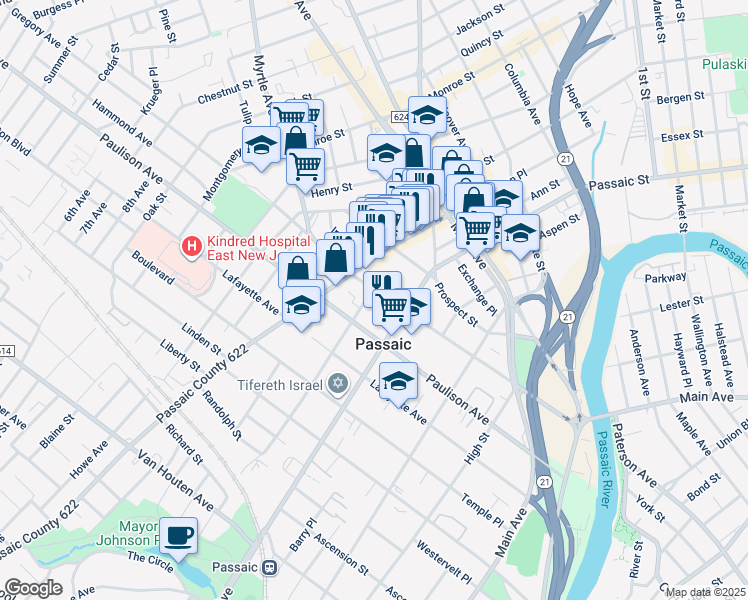 map of restaurants, bars, coffee shops, grocery stores, and more near 251 Gregory Avenue in Passaic