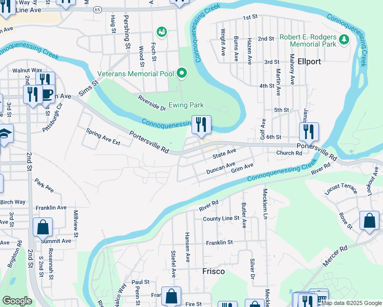 map of restaurants, bars, coffee shops, grocery stores, and more near 140 Portersville Road in Ellwood City