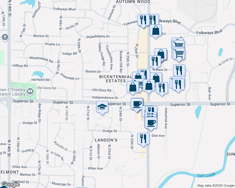 map of restaurants, bars, coffee shops, grocery stores, and more near 2230 Old Glory Road in Lincoln