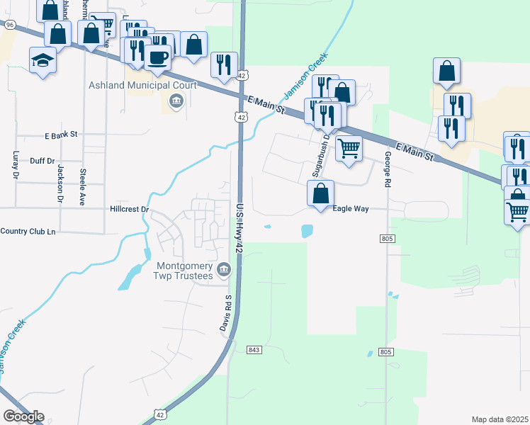 map of restaurants, bars, coffee shops, grocery stores, and more near 1480 Eagle Way in Ashland