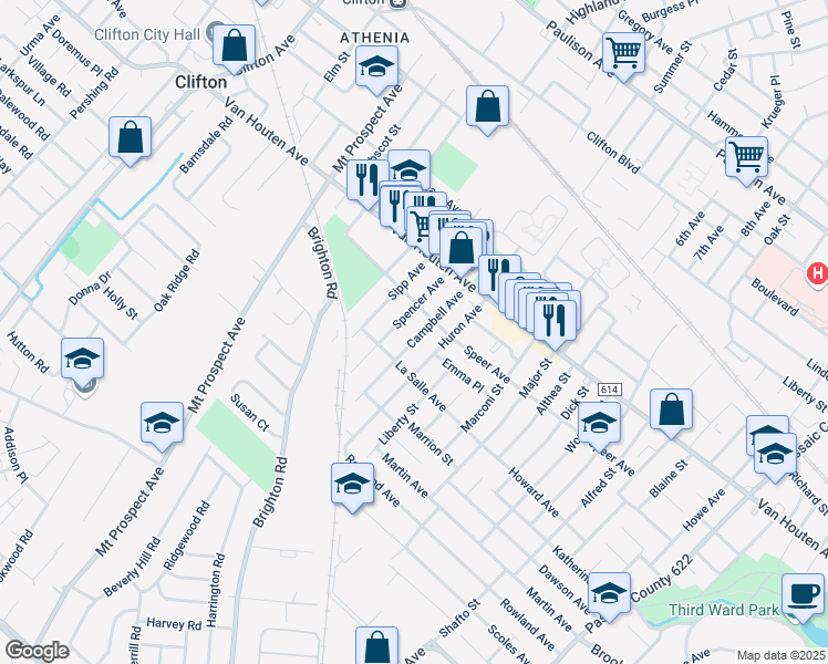 map of restaurants, bars, coffee shops, grocery stores, and more near 58 Campbell Avenue in Clifton