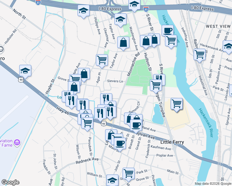 map of restaurants, bars, coffee shops, grocery stores, and more near 453 Liberty Street in Little Ferry