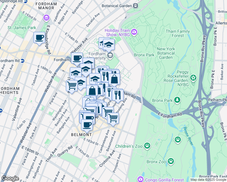 map of restaurants, bars, coffee shops, grocery stores, and more near 588 East Fordham Road in Bronx