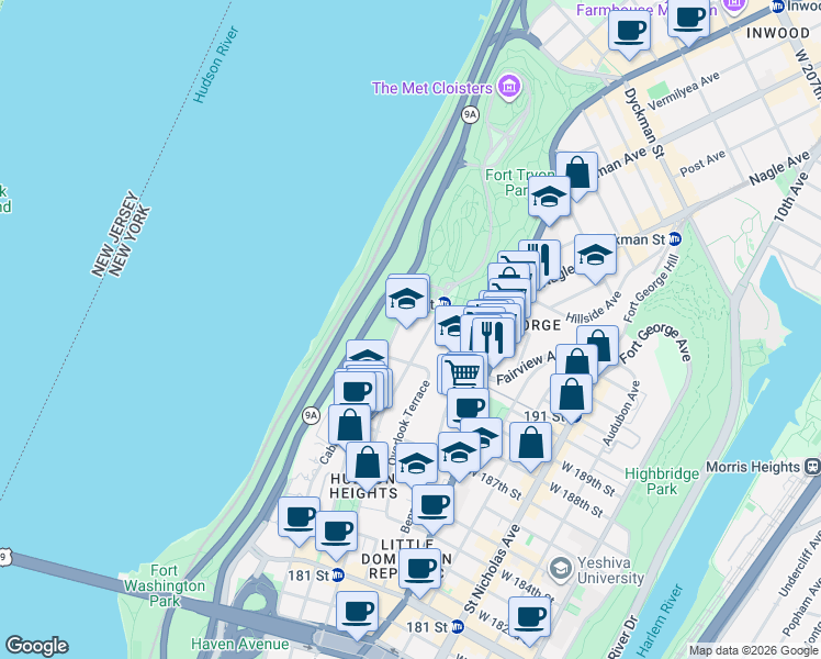 map of restaurants, bars, coffee shops, grocery stores, and more near 701 Fort Washington Avenue in New York