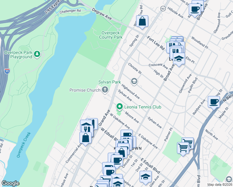 map of restaurants, bars, coffee shops, grocery stores, and more near 166 Grand Avenue in Leonia