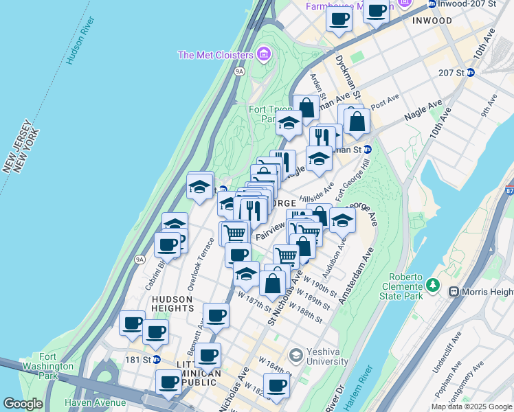 map of restaurants, bars, coffee shops, grocery stores, and more near 4489 Broadway in New York
