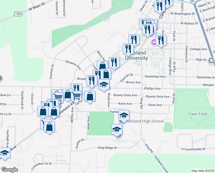 map of restaurants, bars, coffee shops, grocery stores, and more near 1117 Claremont Avenue in Ashland
