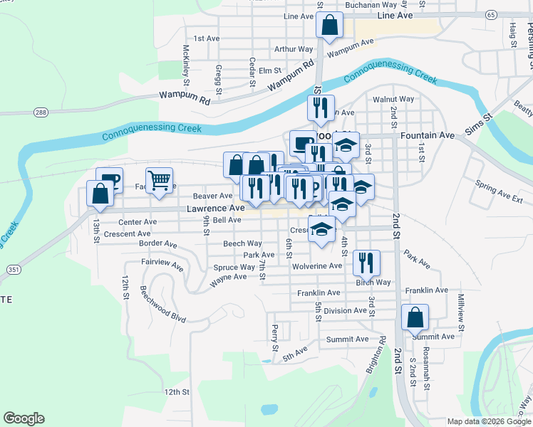map of restaurants, bars, coffee shops, grocery stores, and more near 632 Lawrence Avenue in Ellwood City