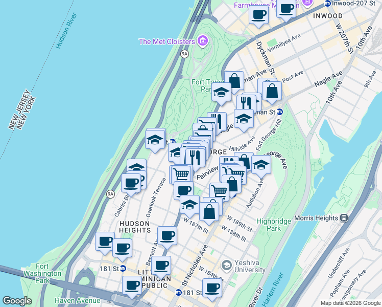 map of restaurants, bars, coffee shops, grocery stores, and more near 245 Bennett Avenue in New York