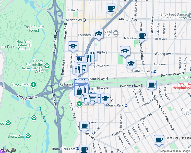 map of restaurants, bars, coffee shops, grocery stores, and more near 2206 Holland Avenue in The Bronx