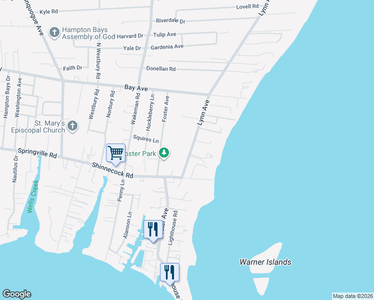 map of restaurants, bars, coffee shops, grocery stores, and more near 151 Lynn Avenue in Hampton Bays