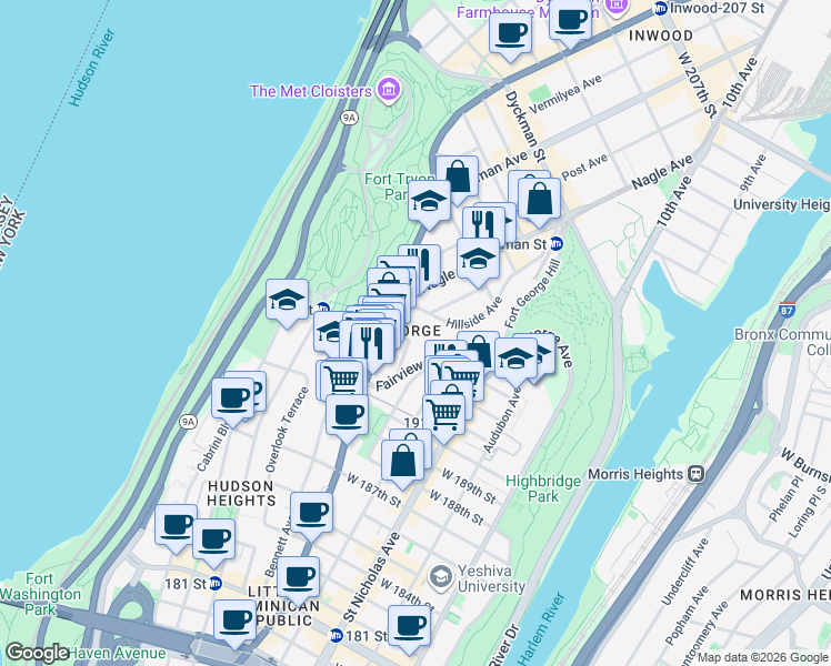 map of restaurants, bars, coffee shops, grocery stores, and more near 671 West 193rd Street in New York
