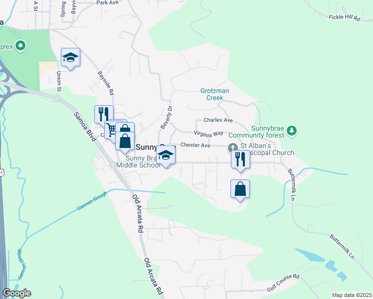 map of restaurants, bars, coffee shops, grocery stores, and more near 1445 Chester Avenue in Arcata