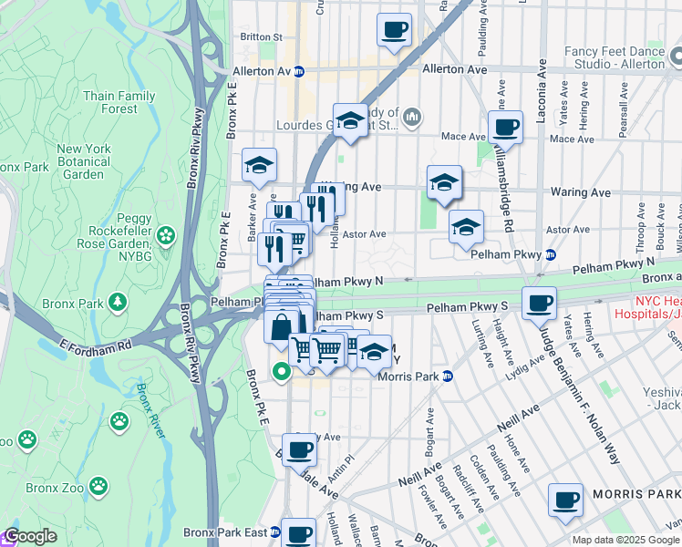 map of restaurants, bars, coffee shops, grocery stores, and more near 2215 Holland Avenue in The Bronx