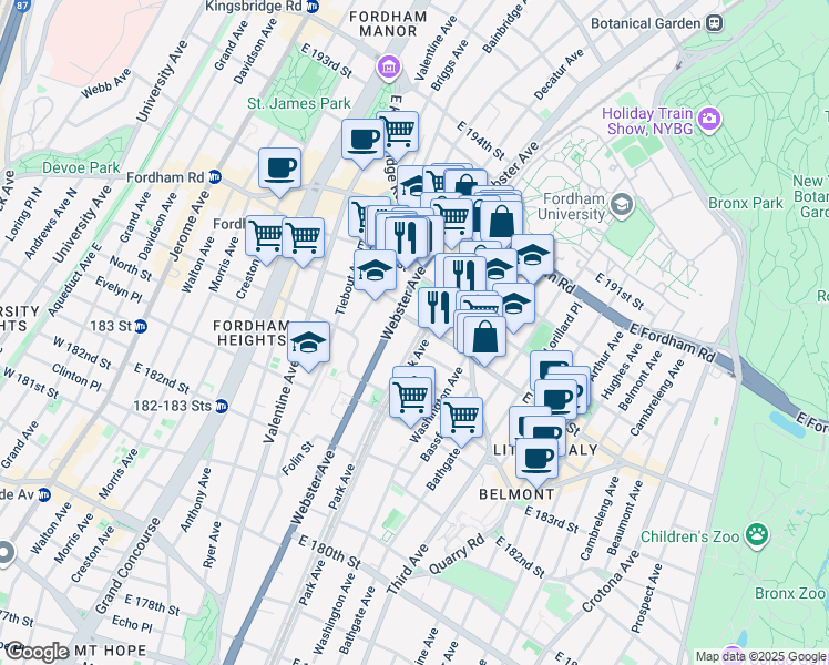 map of restaurants, bars, coffee shops, grocery stores, and more near 419 East 187th Street in Bronx