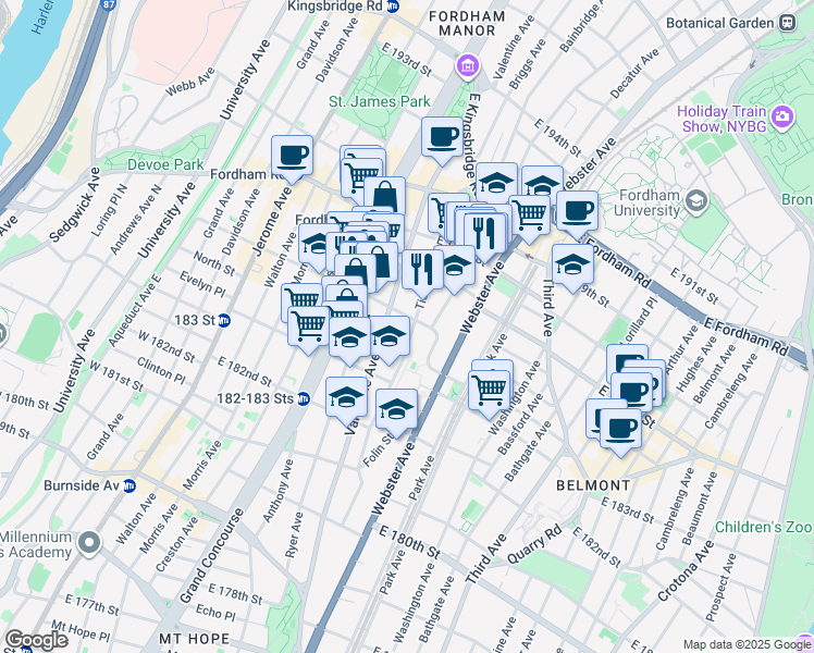 map of restaurants, bars, coffee shops, grocery stores, and more near 333 East 184th Street in The Bronx